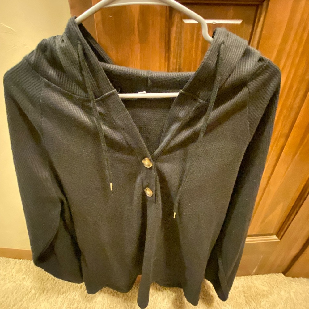Women's Black Hooded Knit Top with Button Placket